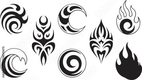 Vector art of collection of elemental symbols inblack colour