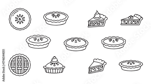 Hand drawn pie collection fresh baked desserts assortment various toppings and slices vector