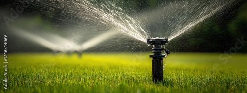 Professional pop-up sprinkler watering a green lawn, providing irrigation and freshness