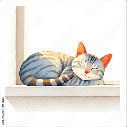 Watercolor Cat Napping on Window Ledge - A Serene Feline Illustration.