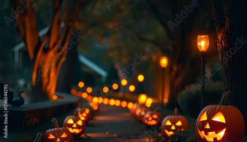 Halloween pathway decorated with glowing pumpkins, warm candlelight, autumn leaves on the ground, cozy yet spooky night atmosphere.