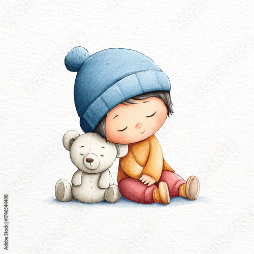 Watercolor Illustration of a Baby Sleeping with a Teddy Bear.