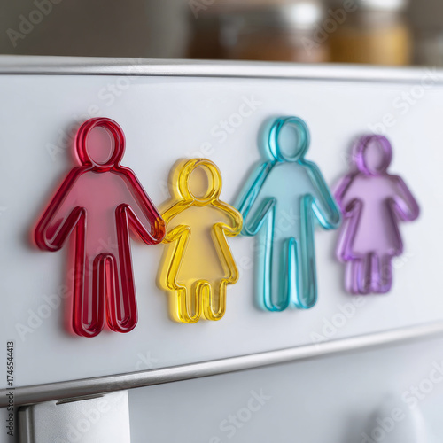 Colorful fridge magnets shaped like a family on a metal surface.