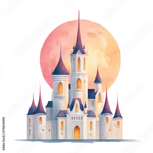 Watercolor illustration of a fairytale castle with turrets and spires.