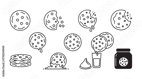 Collection of hand drawn chocolate chip cookie icons and sweet treats for delicious food designs vector