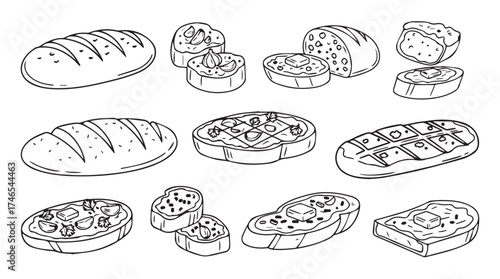 Hand drawn sketch collection of various delicious baked breads and savory steaks vector