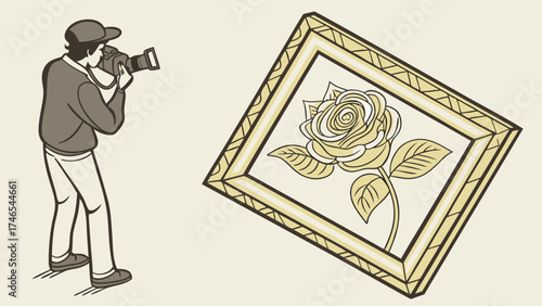 Photographer taking picture of framed rose illustration.