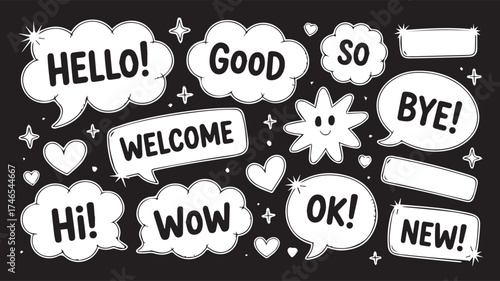 Illustration of speech bubbles with common greetings and expressions on dark background
