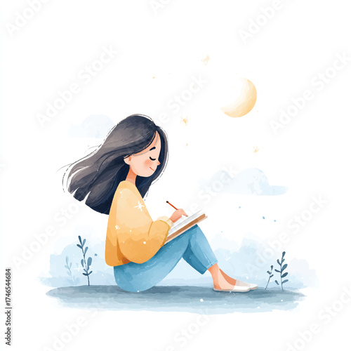 Watercolor illustration of a young girl writing in a journal.