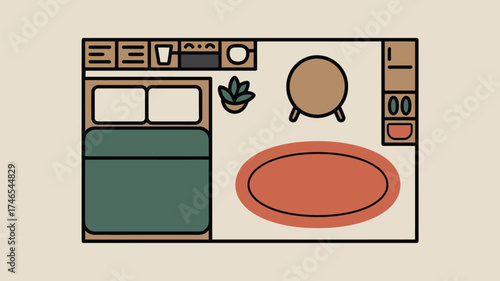 Overhead view of a compact apartment layout featuring a bed kitchen table and a circular rug design