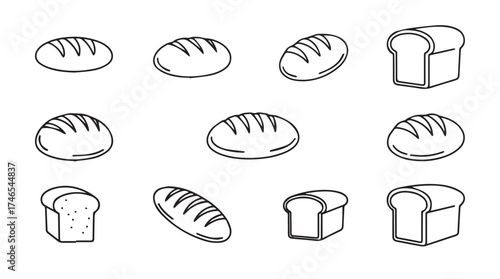 Assortment of delicious bread loaves and slices in sketchy outline style for culinary designs vector