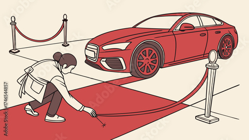Preparing a Red Carpet for a Luxury Car Event Illustration.