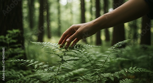 A gentle hand touching a vibrant green fern in the forest