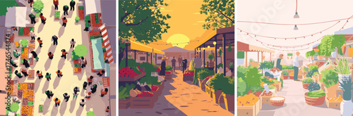 Colorful Urban Market and City Life Illustration – Modern Flat Design with Warm Sunset Tones