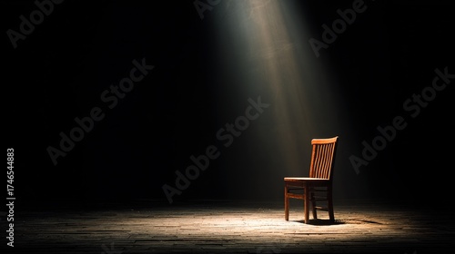 actor. An empty theater stage with a single wooden chair under a solitary spotlight. event programs, museum guides, designed for cultural heritage projects and event programs, preserves heritage.