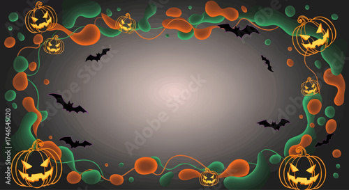 Spooky Halloween background frame with jack-o'-lanterns, bats, and swirling colorful Halloween elements against a dark gradient backdrop, perfect for invitations and decorations
