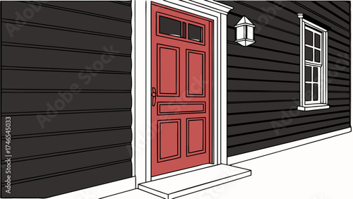 Red front door on dark siding house exterior illustration.