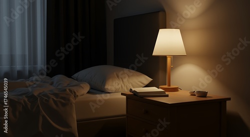 Cozy Bedroom Scene Bedside Table, Lamp, and Evening Ambiance