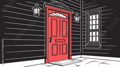 Red Front Door with Exterior Lanterns and Doormat Illustration.