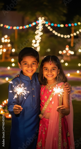Happy indian little boy and girl holding sparkler in hand celebrating diwali