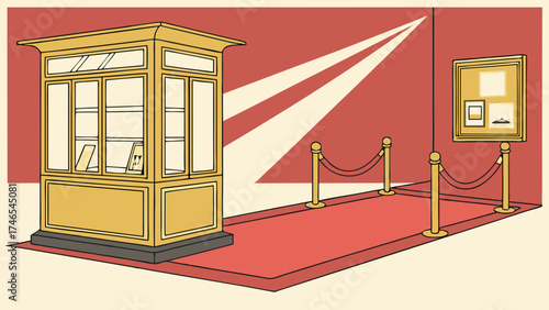 Retro Display Case with Red Carpet and Stanchions Elegant Vintage Illustration for Design Projects.