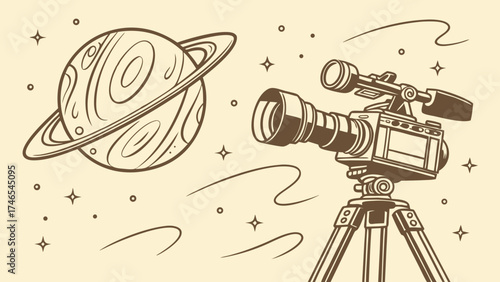 Retro Film Camera Filming Planet with Rings in Space Celestial Cosmic Scene Vintage Illustration.