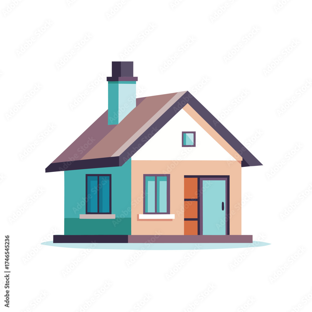 Fototapeta premium Charming cartoon house with a chimney and two tone exterior
