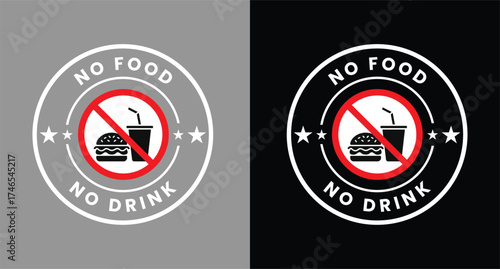 No food or drink allowed sign. No eating or drinking sign. No food or drink logo, label, badge, sticker, symbol, emblem, stamp, banner, circle, black, line, flat vector, isolated illustration.