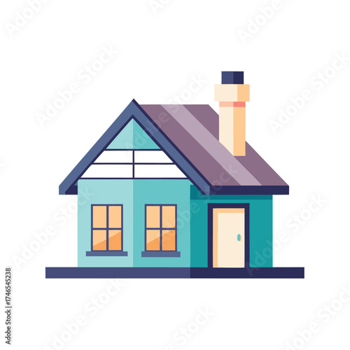 Cozy teal house with chimney and warmly lit windows