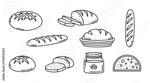 Hand drawn bakery collection featuring assorted breads baguette and jar of jam vector