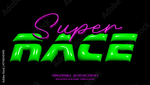 Super Race neon green and pink 3D editable vector text design with glossy style for modern sports and gaming themes