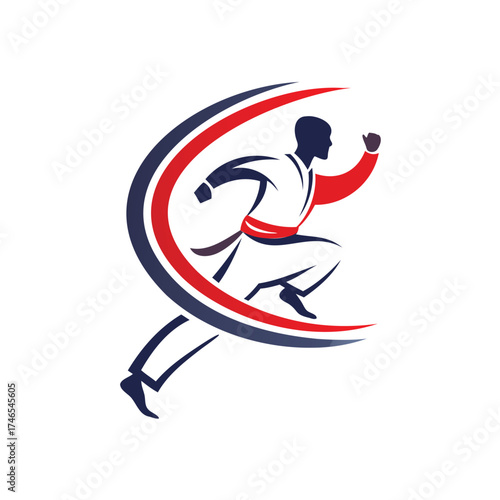 Martial artist in motion with dynamic red and blue swirls