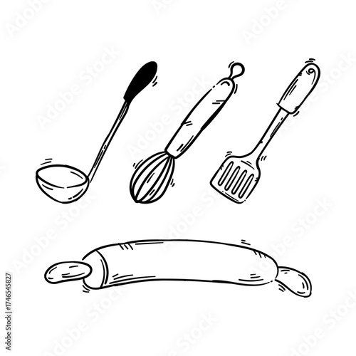 Kitchen utensils doodle, spatula, shaker, ladle and rolling pin. Hand drawn icon sketch vector illustration