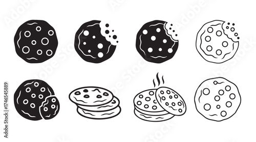 Set of eight hand-drawn chocolate chip cookies icons various styles and bites vector