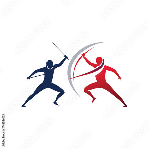 Dynamic fencing duel silhouette with sword clash