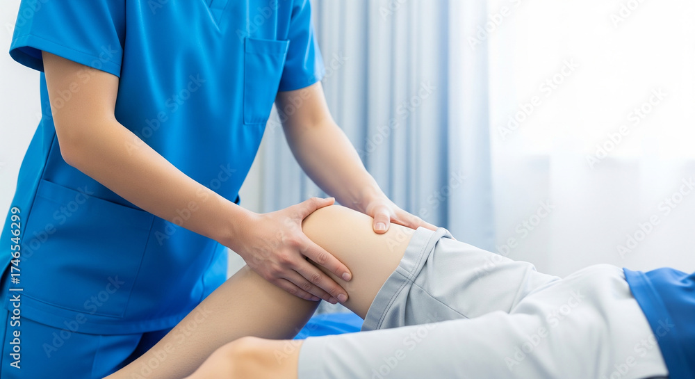 Obraz premium Physical therapist in blue scrubs examining and massaging a patient's knee joint for injury rehabilitation and pain relief in a clinic.