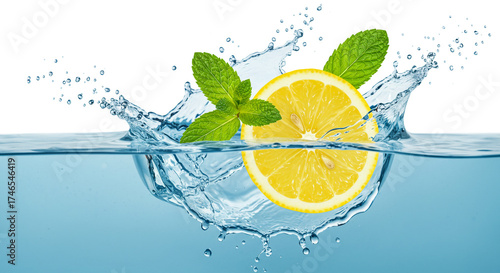 Refreshing lemon slice and vibrant mint splash into crystal clear water, a burst of cool, clean refreshment.