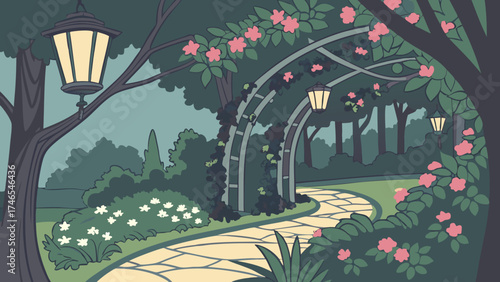 Serene Garden Path with Flower Arch and Lanterns at Dusk.
