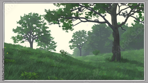 Serene landscape illustration of trees and grass on a hillside under a pale sky.