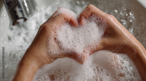 Wallpaper Mural Hands make a heart shape in soapy water; faucet visible. Bubbles and cleanliness dominate Torontodigital.ca