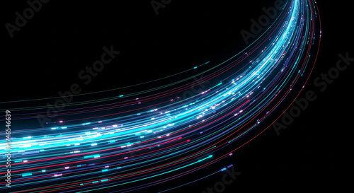 Abstract futuristic background of glowing blue and pink light trails in motion, symbolizing high-speed data transfer and technology.