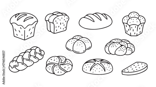 Hand drawn assortment of baked bread loaves and rolls sketch collection vector