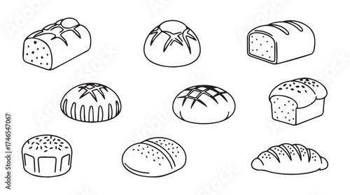 Artistic hand drawn collection of various baked bread loaves and rolls vector