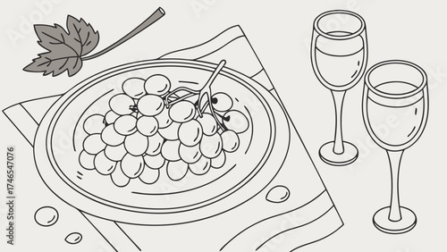 Still life illustration of grapes and wine glasses.