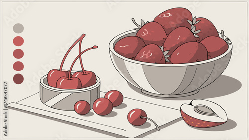 Still life illustration of strawberries cherries and a halved strawberry in a bowl and on a tray.