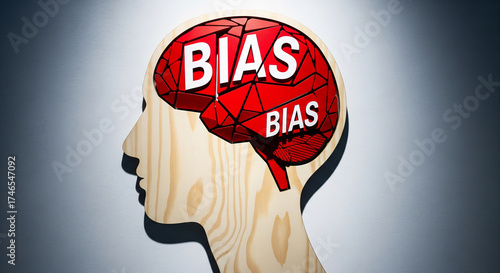 Cognitive bias and prejudice concept, with the word 'BIAS' inside a red geometric brain within a wooden human head silhouette.