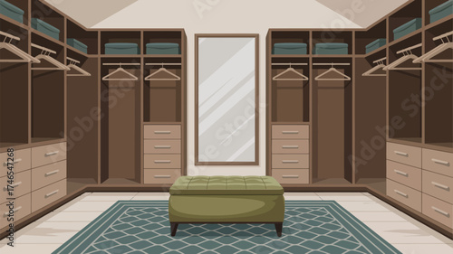 A walk in closet with brown wooden shelves drawers hangers mirror ottoman and blue patterned rug on floor