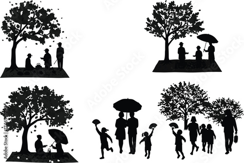 Summer beach vacation silhouette set with people dancing, playing volleyball, surfing, enjoying bonfire, palm trees and ocean sunset scenery