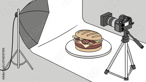 Studio Food Photography Setup Delicious Burger on a Plate Camera on Tripod and Lighting Equipment.