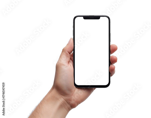 hand holding a smartphone in landscape mode with a blank screen for mockup. Isolated on transparent background